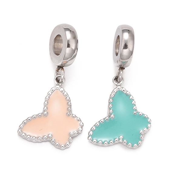 304 Stainless Steel European Dangle Charms, Large Hole Pendants, with Enamel, Stainless Steel Color, Butterfly