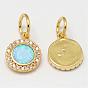 Brass Micro Pave Cubic Zirconia Charms, with Synthetic Opal, Flat Round