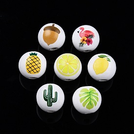 Summer Theme Printed Wooden Beads, Round with Acorn/Flamingo/Cactus/Leaf/Pineapple/Lemon Pattern