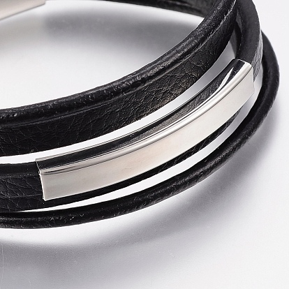 Cordon cuir tressé bracelets multi-brins pour hommes, avec 304 accessoires en acier inoxydable, rectangle