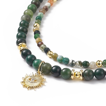 2 pcs 2 ensemble de colliers pendentif oeil de cheval strass cristal style, colliers de perles d'agate indienne naturelle pour femmes