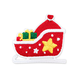 Christmas Theme Computerized Embroidery Polyester Self-Adhesive /Sew on Patches, Costume Accessories, Appliques, Sledge with Gift Box