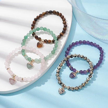 Natural Mixed Gemstone Round Beaded Stretch Bracelets, with Heart Charms
