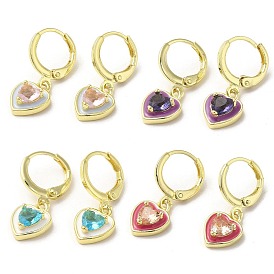 Heart Real 18K Gold Plated Brass Dangle Leverback Earrings, with Enamel and Glass
