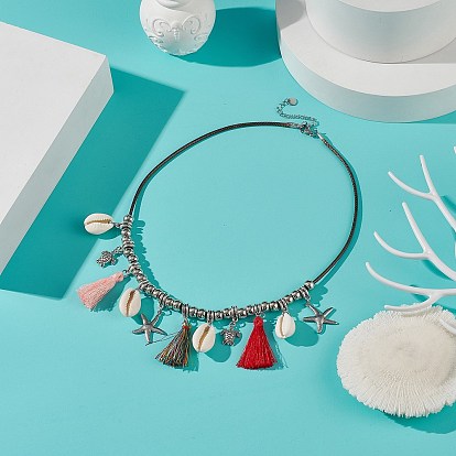 Estrella de mar de aleación y tortuga y concha natural y collar de babero con dijes de borla, joyas temáticas del océano para mujer.