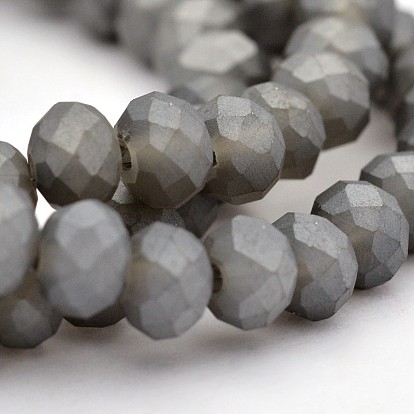 Pearl Luster Plated Faceted Rondelle Glass Beads Strands, Frosted, 6x4mm, Hole: 1mm, about 100pcs/strand, 17.3 inch