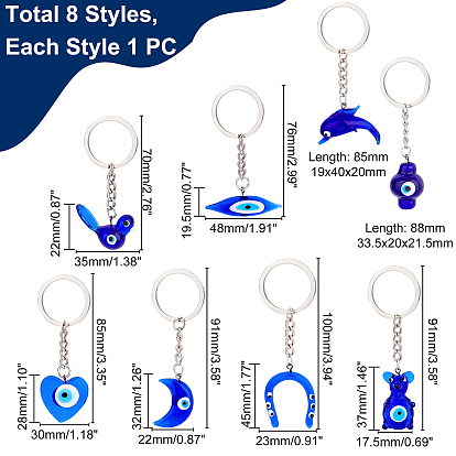 PandaHall Elite 8Pcs 8 Style Glass Keychains, with Platinum Iron Findings, Mixed Shapes