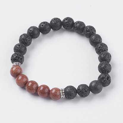 Natural Lava Rock and Gemstone/Glass Beads Stretch Bracelets, with Alloy Findings