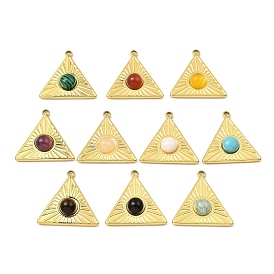 Gemstone Pendants, Ion Plating(IP) 316 Stainless Steel Triangle Charms, Real 24K Gold Plated
