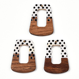 Printed Opaque Resin & Walnut Wood Pendants, Hollow Trapezoid Charm with Polka Dot Pattern