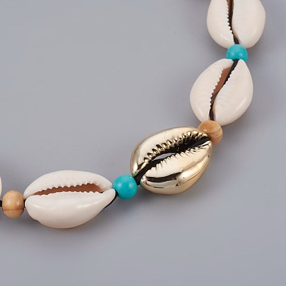 Adjustable Cowrie Shell and Synthetic Turquoise Beaded Necklaces, with Electroplated Sea Shell Beads and Wood Beads, Nylon Cord