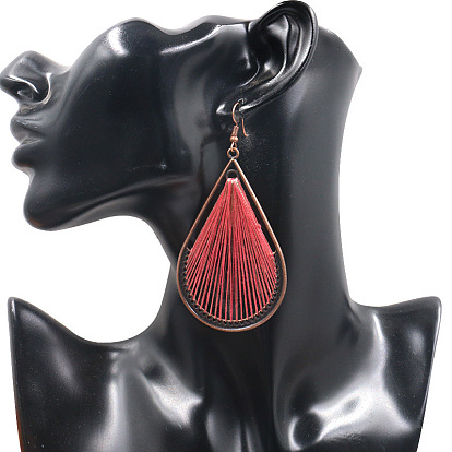 Bohemia Style Alloy Dangle Earrings, with Cotton Thread and Metallic Cord, Teardrop, Red Copper