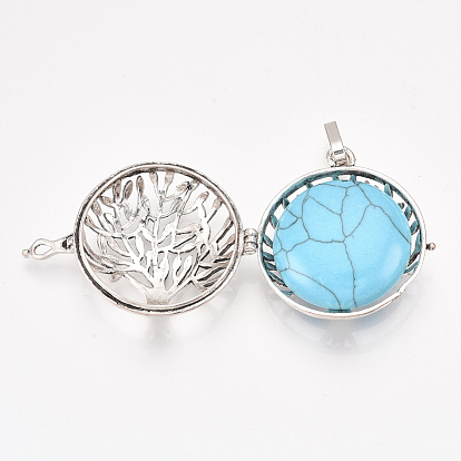 Alloy Cage Big Pendants, Hollow, with Natural/Synthetic Gemstone Beads, Flat Round with Tree, Antique Silver