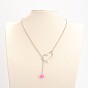 Alloy Silver Color Plated Heart Lariat Necklaces, with Glass Pearl Beads, Iron Cable Chains and Zinc Alloy Lobster Claw Clasps, 20.2 inch