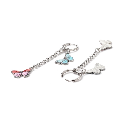 Alloy Enamel Butterfly Dangle Hoop Earrings, 202 Stainless Steel Long Chain Tassel Drop Earrings with 316 Surgical Stainless Steel Pins for Women