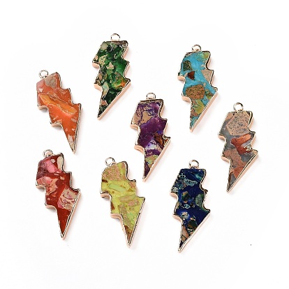 Dyed Natural Imperial Jasper Pendants, Lightning Bolt Charms, with Golden Tone Brass Findings