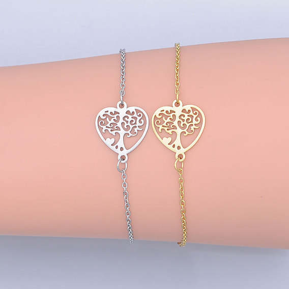 201 Stainless Steel Link Bracelets, with Lobster Claw Clasps, Tree of Life with Heart