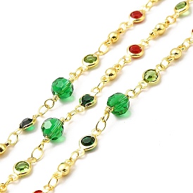 Handmade Brass Glass Link Chain, Soldered, with Spool, Flat Round, Cadmium Free & Lead Free