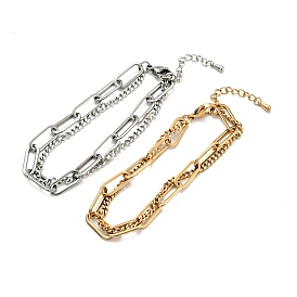 201 Stainless Steel Paper & Curb Chains Double Layered Multi-strand Bracelet for Women