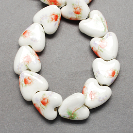 Perles de porcelaine imprimés faits à la main, cœur, 15x15x7mm, Trou: 3mm
