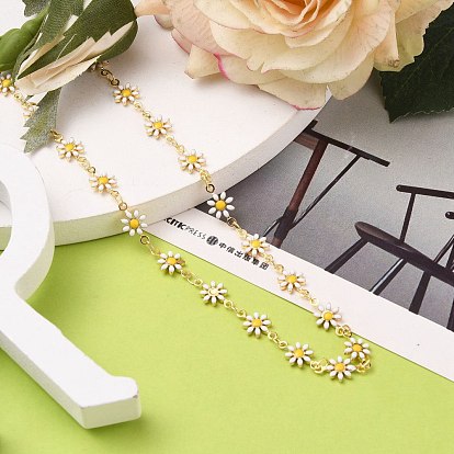 Brass Enamel Daisy Link Chain Necklaces, with 304 Stainless Steel Lobster Claw Clasps & Heart Charms