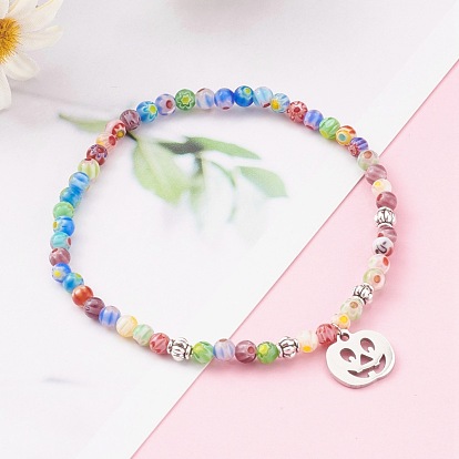 304 Stainless Steel Charm Stretch Bracelets for Halloween, with Alloy Beads and Millefiori Glass Beads, Pumpkin Jack-O'-Lantern