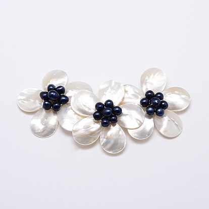 Coquille blanche naturelle nacre coquille fleur gros pendentifs, avec des résultats en laiton plaqué platine et une coquille nacrée