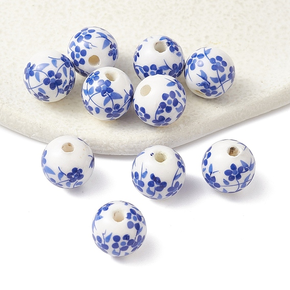 Perles en porcelaine manuelles, porcelaine bleue et blanche , ronde avec des fleurs