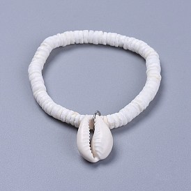 Cowrie Shell Charm Bracelets, with Natural White Shell Beads, Burlap Paking Pouches Drawstring Bags