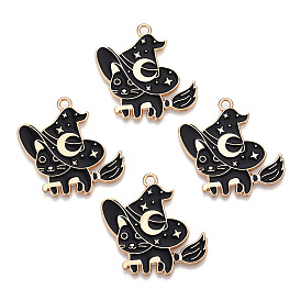 Light Gold Tone Alloy Enamel Pendants, Cat with Witch Hat & Broom