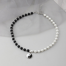 Yin Yang Tai Chi Necklace with Black and White Pearls - Trendy Hip Hop Fashion Jewelry