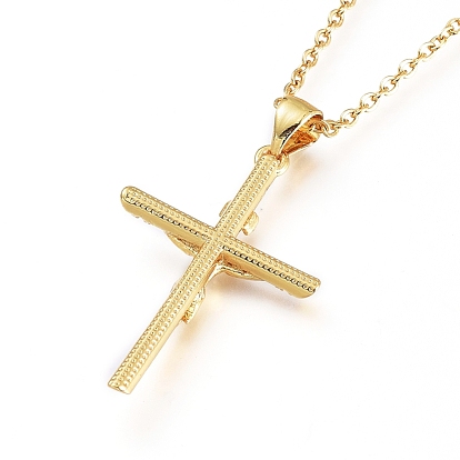 Easter Theme Brass Micro Pave Clear Cubic Zirconia Pendant Necklaces, with 304 Stainless Steel Cable Chains, Crucifix Cross