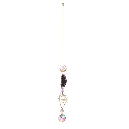 Brass & Crystal Suncatchers, Druzy Gemstone Wall Hanging Decoration, with Iron Chain, for Home Offices Amulet Ornament, Diamond/Horse Eye/Teardrop
