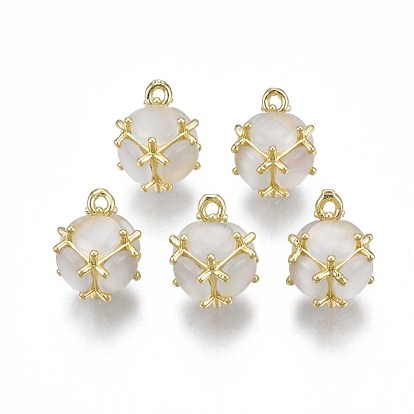 Creamy White Imitation Cat Eye Resin Charms, with Rack Plating Brass Findings, Nickel Free, Round