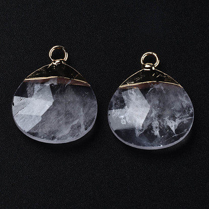 Natural Quartz Crystal Pendants, Rock Crystal Pendants, with Golden Brass Findings, Rack Plating, Faceted, Oval