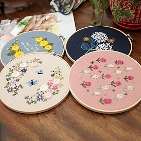 Flower Pattern DIY Embroidery Kits, Including Embroidery Cloth & Thread, Needle, Embroidery Hoop, Instruction Sheet