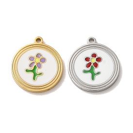 304 Stainless Steel Enamel Pendants, Flat Round with Flower Charm