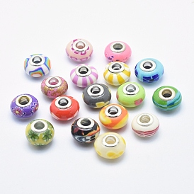 Handmade Polymer Clay European Beads, with Silver Color Plated Brass Cores, Large Hole Beads, Rondelle