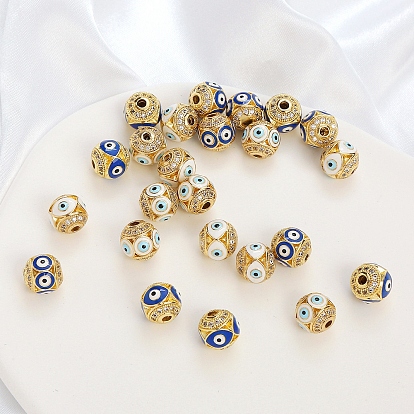 Brass Micro Pave Clear Cubic Zirconia Beads, with Enamel, Golden, Round with Evil Eye