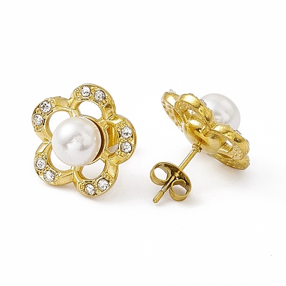 Crystal Rhinestone Flower Stud Earrings with Acrylic Pearl Beaded, Vacuum Plating 304 Stainless Steel Jewelry for Women
