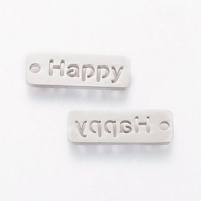201 Stainless Steel Pendants, Rectangle with Word Happy