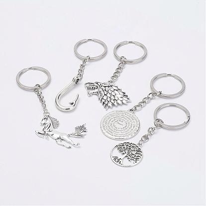Alloy Pendant Keychain, with Iron Key Rings, Platinum and Antique Silver, Mixed Shapes