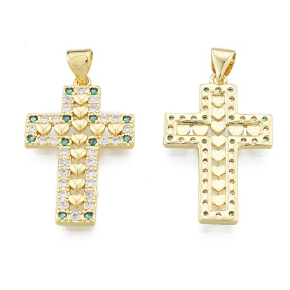 Brass Micro Pave Cubic Zirconia Pendants, Real 18K Gold Plated, Cross