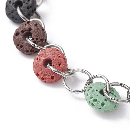 Bracelets de cheville en perles de disque de lave naturelle teinte, avec 304 inoxydable chaînes en acier