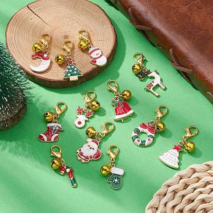 Christmas Alloy Enamel Pendants Decorations, with Alloy Lobster Claw Clasps and Brass Bell Charm, Mixed Shapes
