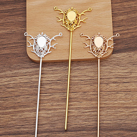 Iron Hair Stick Findings, with Alloy Cabochons Setting, Teardrop with Flower