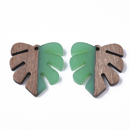 Resin & Walnut Wood Pendants, Tropical Leaf Charms, Monstera Leaf Pendant