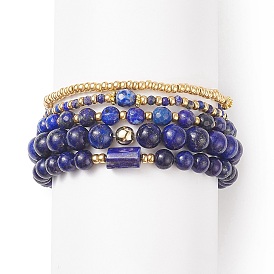 5Pcs 5 Style Natural Lapis Lazuli(Dyed) & Synthetic Hematite & Seed Beaded Stretch Bracelets Set, Gemstone Stackable Bracelets for Men Women