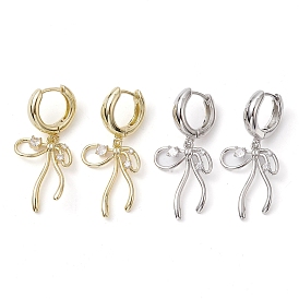Bowknot Brass Dangle Hoop Earrings, with Clear Cubic Zirconia, Long-Lasting Plated, Lead Free & Cadmium Free