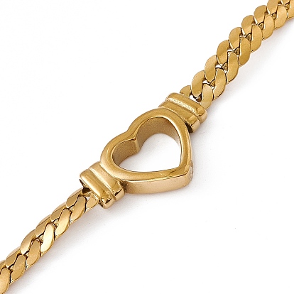 304 Stainless Steel Hollow Out Heart Link Bracelet with Cuban Link Chains for Women